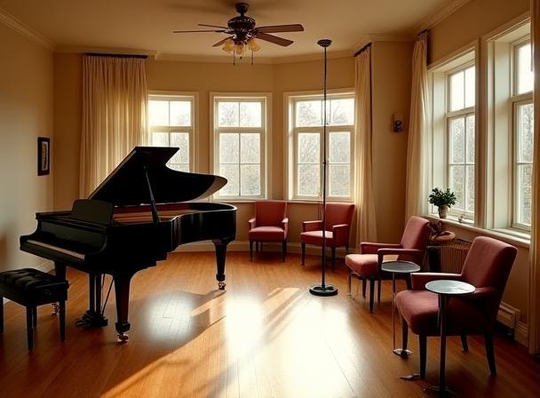 Interior view of a welcoming music studio with a piano and chairs